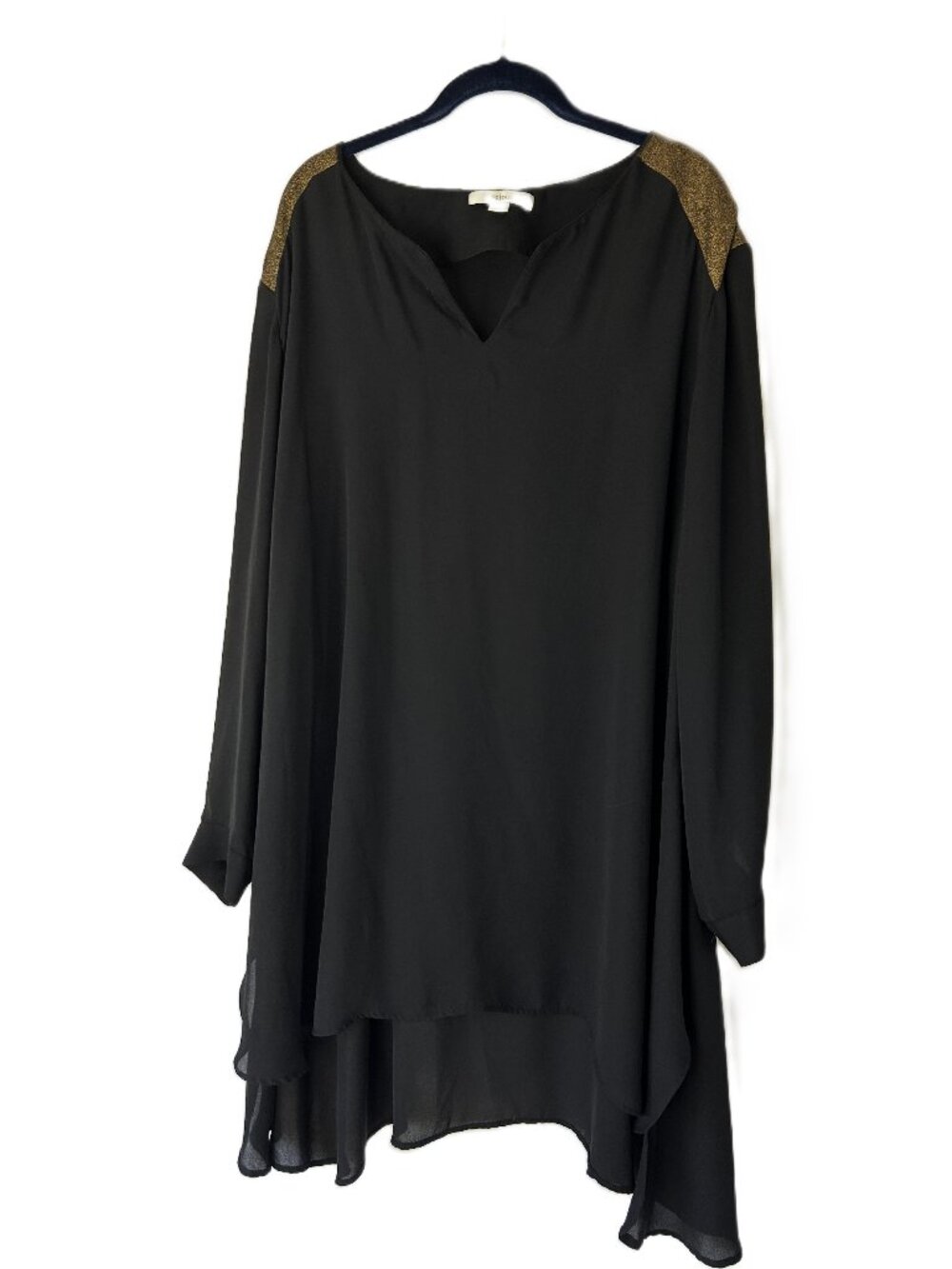 Sejour Black Sheer Long Sleeve Flowy V Neck Tunic Top 24W Black Gold